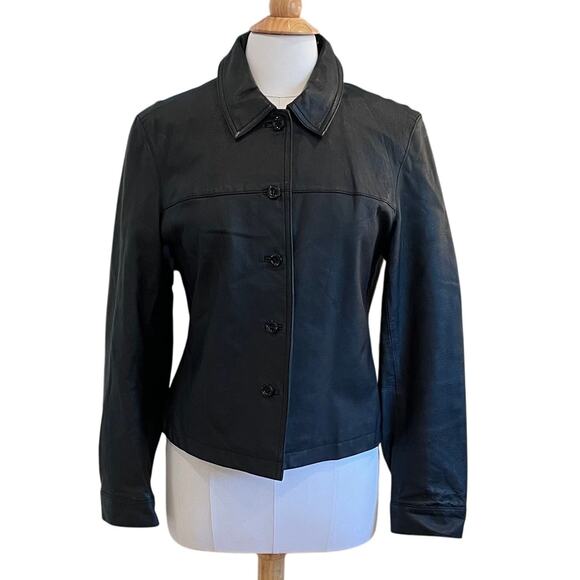 Vintage Newport News Black Button Down Fitted Leather Jacket/Blazer, Size L - Picture 1 of 11